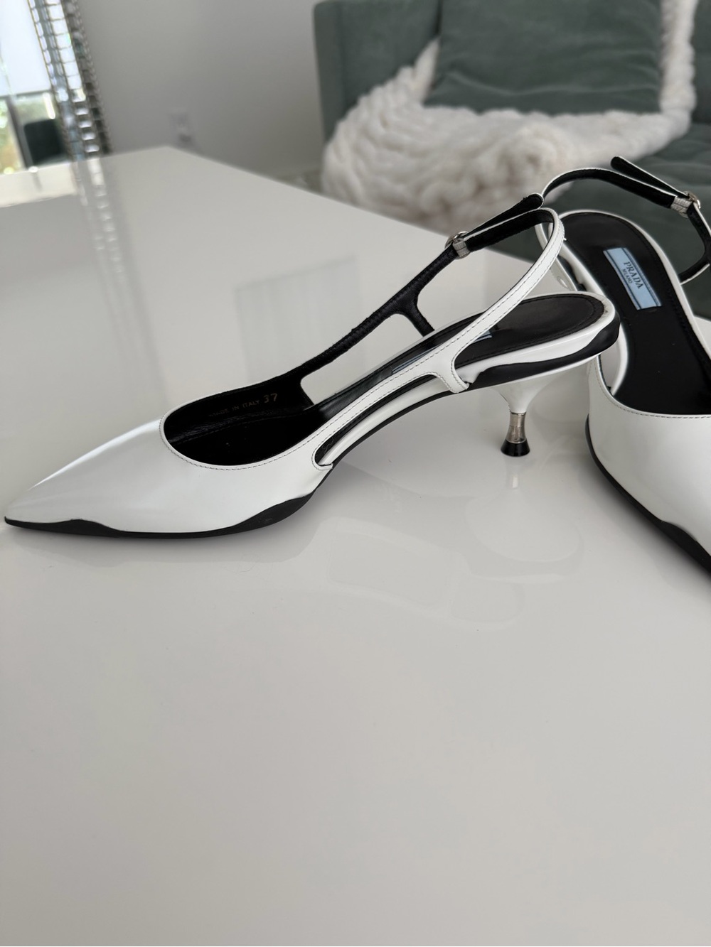 Prada White and Black Slingback Pointed Kitten Heels